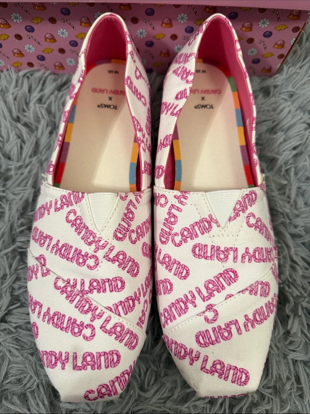 Toms Women's White Canvas Slip-Ons with Pink Candy Land Print
